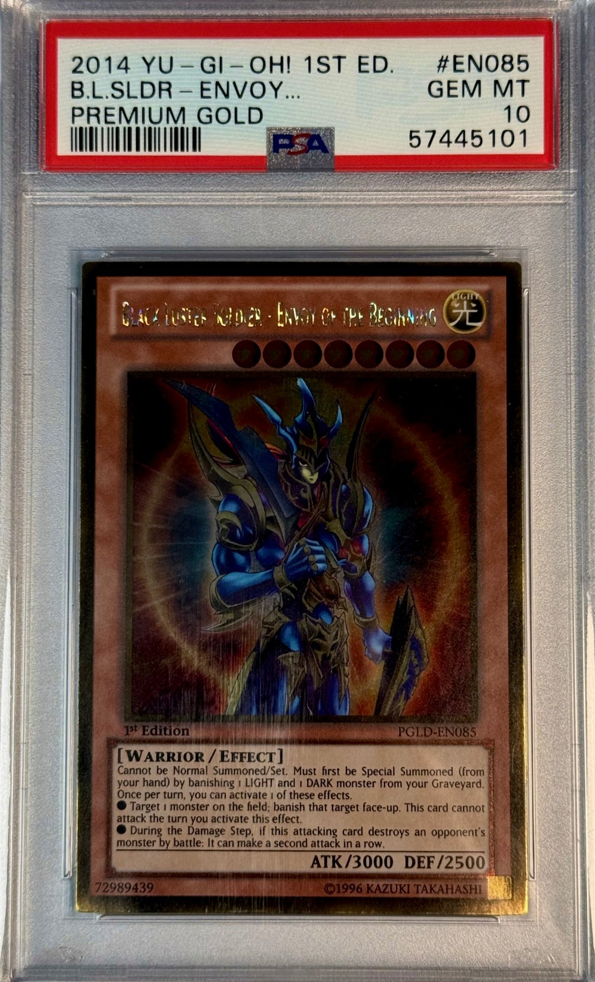 PSA 10 YU-GI-OH! 2014 PREMIUM GOLD #EN085 - BLACK LUSTER SOLDIER - ENVOY OF THE BEGINNING: 1ST EDITION (POP 6)