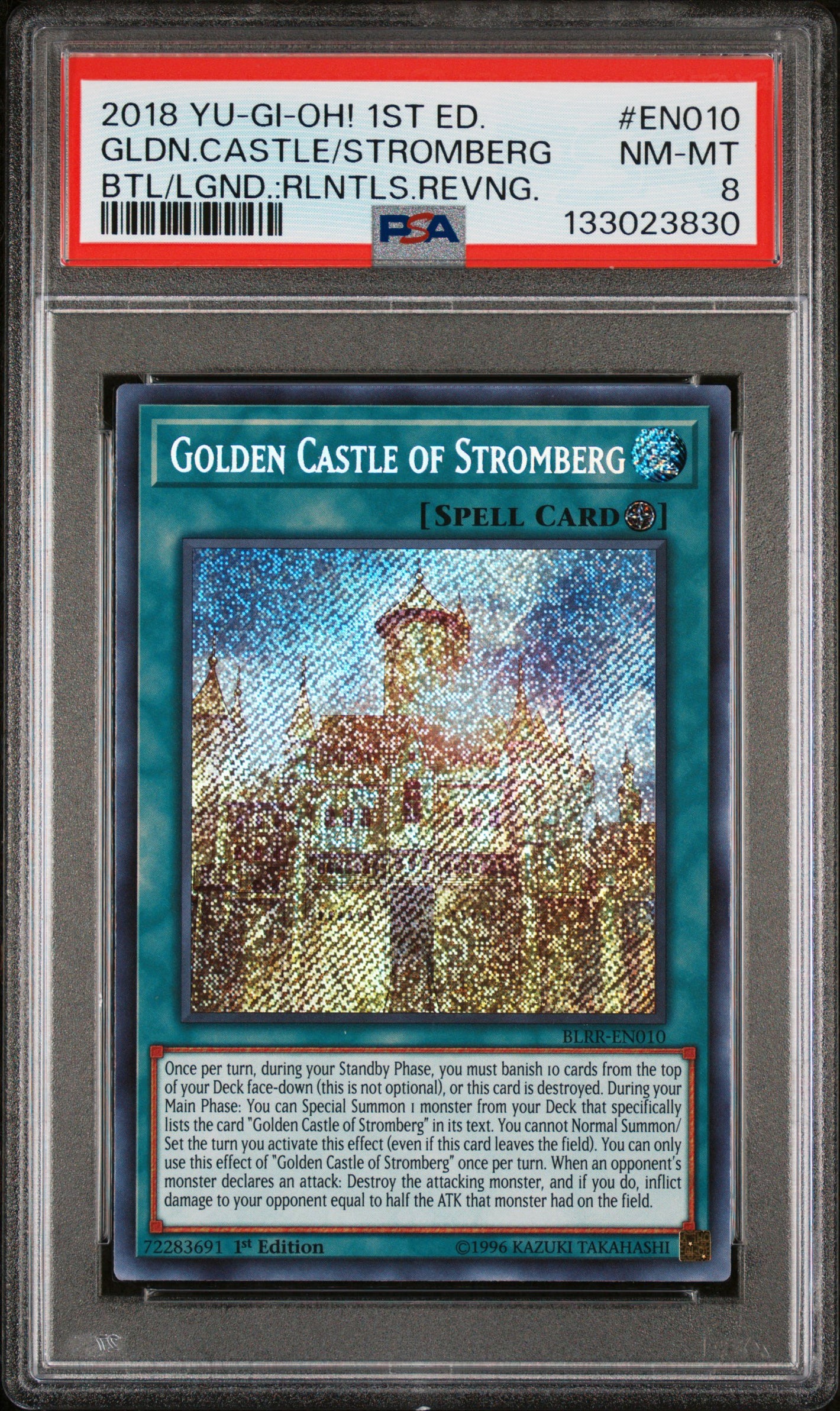 PSA 8 2018 YU-GI-OH! BATTLES OF LEGEND #EN010 GOLDEN CASTLE OF STROMBERG - 1ST EDITION