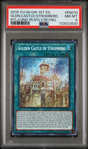 PSA 8 2018 YU-GI-OH! BATTLES OF LEGEND #EN010 GOLDEN CASTLE OF STROMBERG - 1ST EDITION