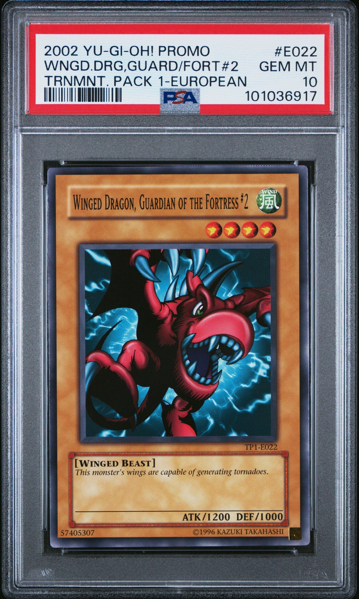 PSA 10 2002 YU-GI-OH! PROMO TP1 - TOURNAMENT PACK 1 #E022 WINGED DRAGON, GUARDIAN OF THE FORTRESS #2 - EUROPEAN (POP 3)