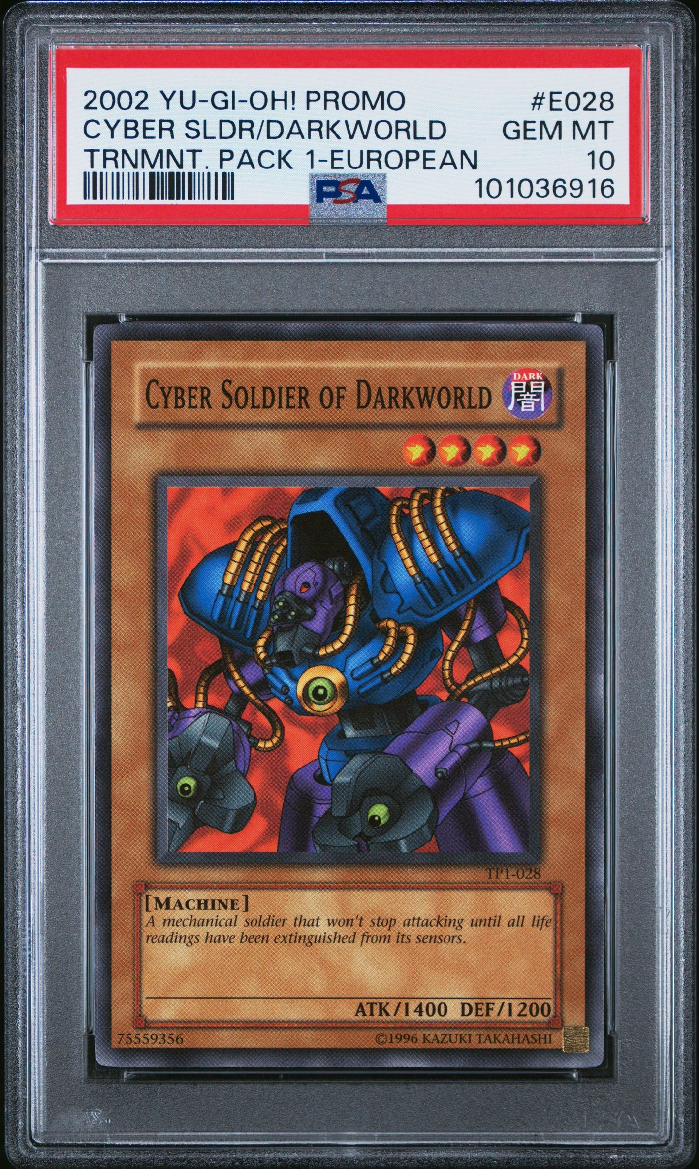 PSA 10 2002 YU-GI-OH! PROMO TP1 - TOURNAMENT PACK 1 #E028 CYBER SOLDIER OF DARKWORLD - EUROPEAN (POP 1)
