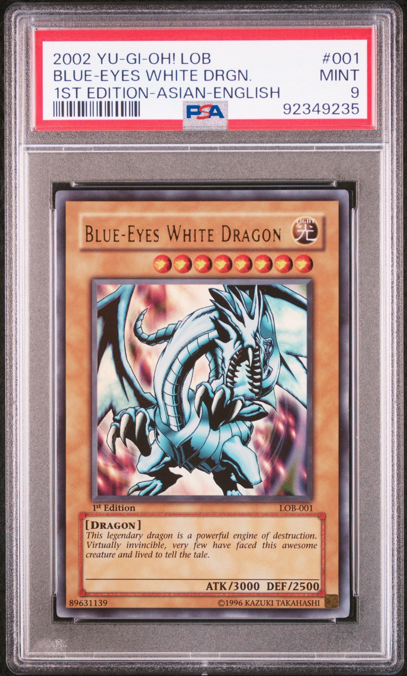 PSA 9 2002 YU-GI-OH! LOB #001 BLUE-EYES WHITE DRAGON - 1ST EDITION ASIAN-ENGLISH