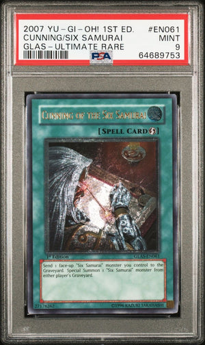 PSA 9 2007 YU-GI-OH! GLAS #EN061 CUNNING OF THE SIX SAMURAI - 1ST EDITION ULTIMATE RARE