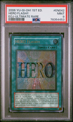 PSA 9 2006 YU-GI-OH! EOJ #EN042 HERO FLASH!! 1ST EDITION - ULTIMATE RARE