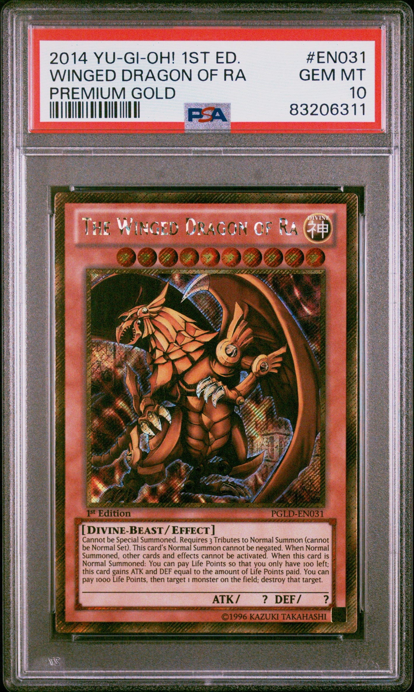 PSA 10 2014 YU-GI-OH! PREMIUM GOLD #EN031 THE WINGED DRAGON OF RA - 1ST EDITION