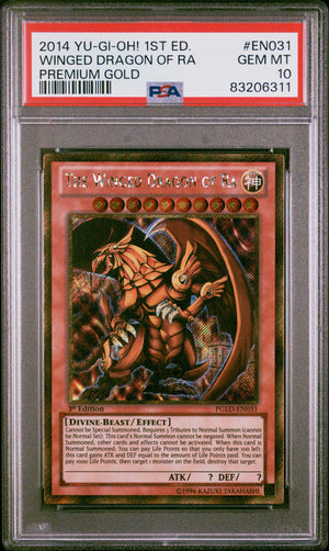 PSA 10 2014 YU-GI-OH! PREMIUM GOLD #EN031 THE WINGED DRAGON OF RA - 1ST EDITION