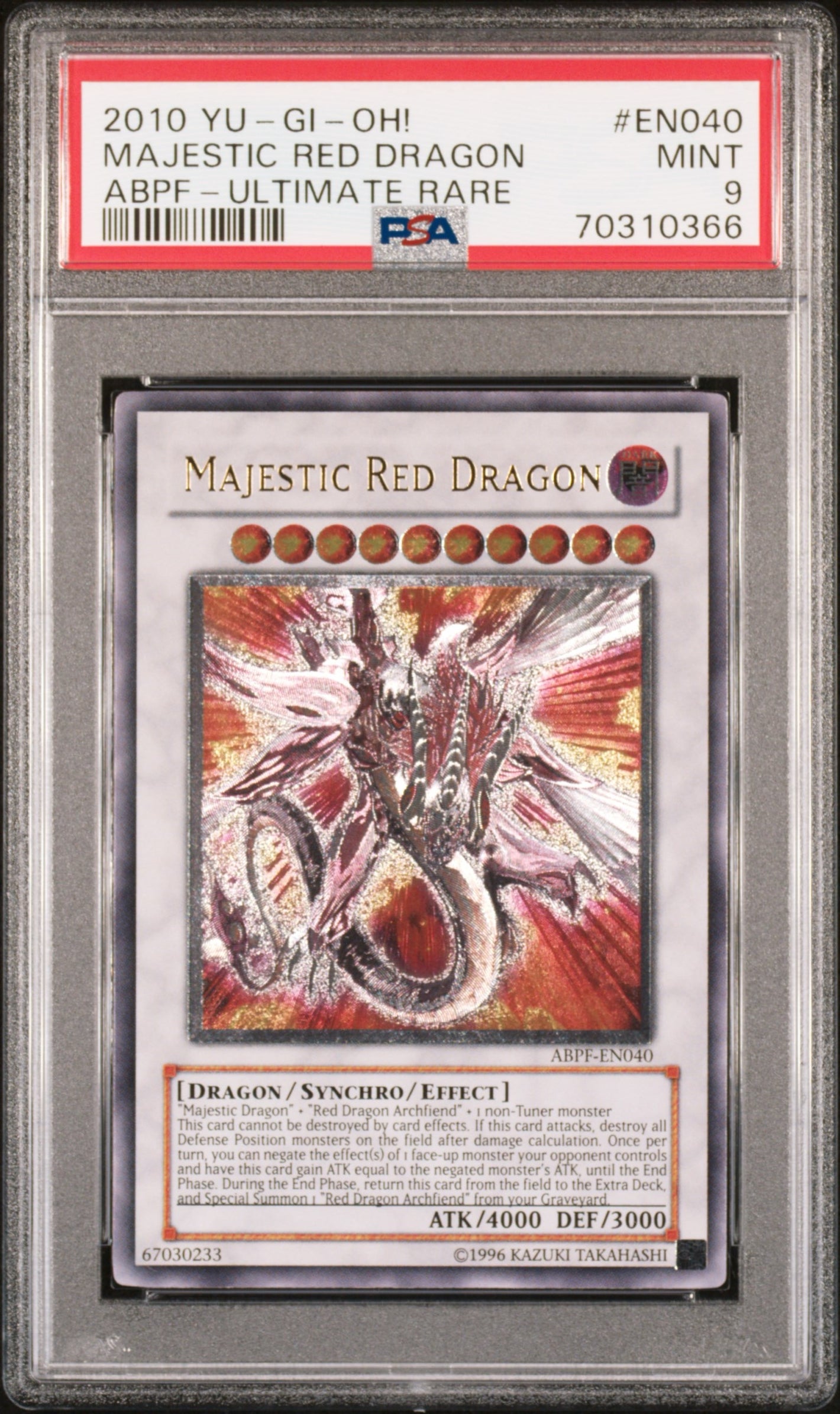 PSA 9 2010 YU-GI-OH! ABPF #EN040 MAJESTIC RED DRAGON - ULTIMATE RARE